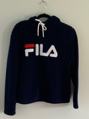 FILA Navy Sherpa Pullover Hoodie with White and Red Logo